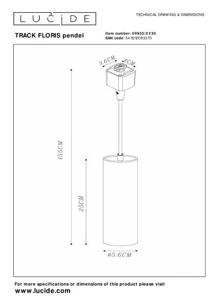 Lucide TRACK FLORIS Hanglamp - 1-fase Railsysteem / Railverlichting - 1xGU10 - Zwart (Uitbreiding) - technisch